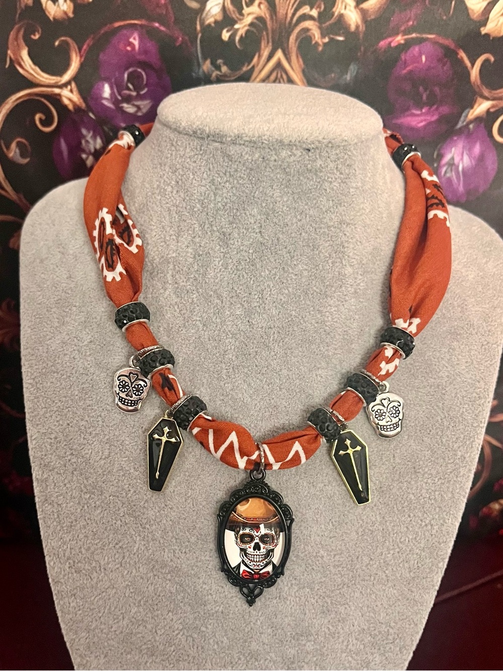 Cinnamon Bandana Necklace with Day of the Dead Skull Pendant, Bandana Scarf